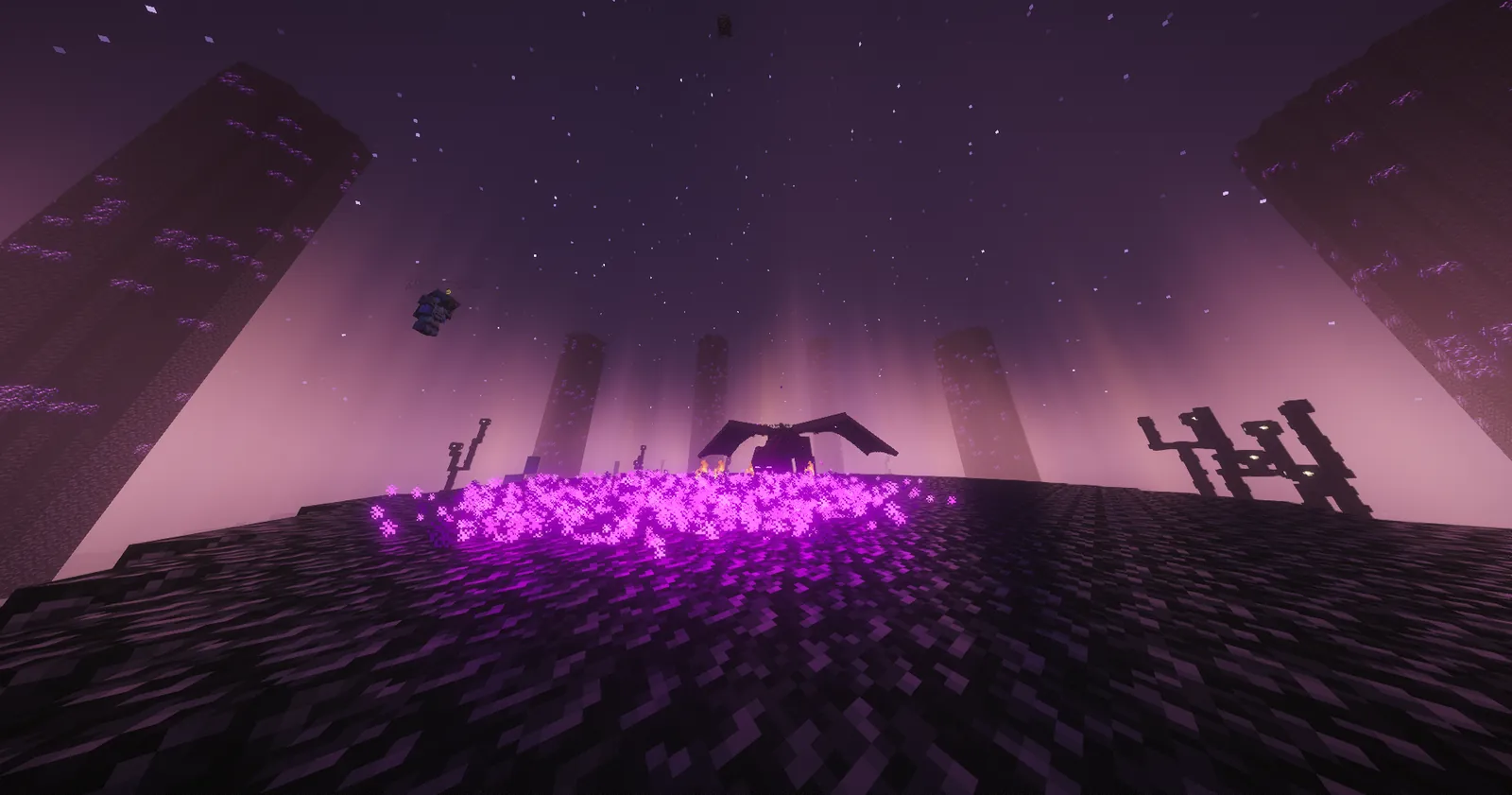 El dragón del End sobrevuela el portal encendido en la isla