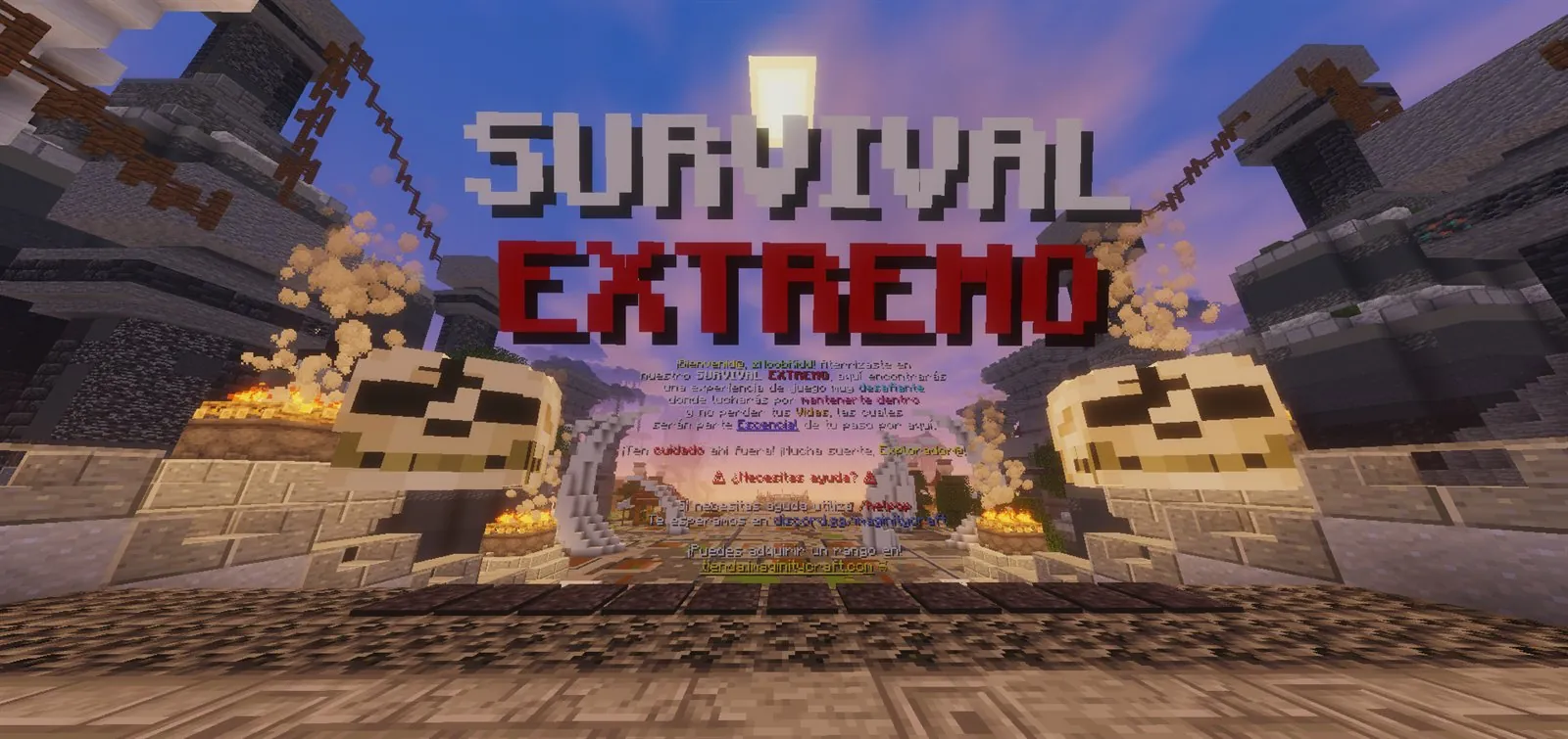 El spawn de Survival Extremo: el nombre de la modalidad construido en bloques sobre una fortaleza de piedra con braseros encendidos