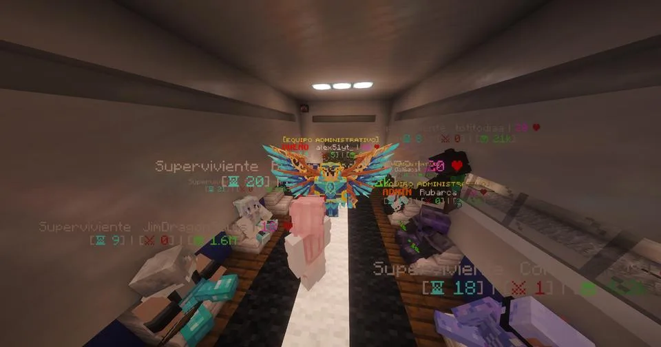 Pasillo de bienvenida del spawn con el equipo del servidor