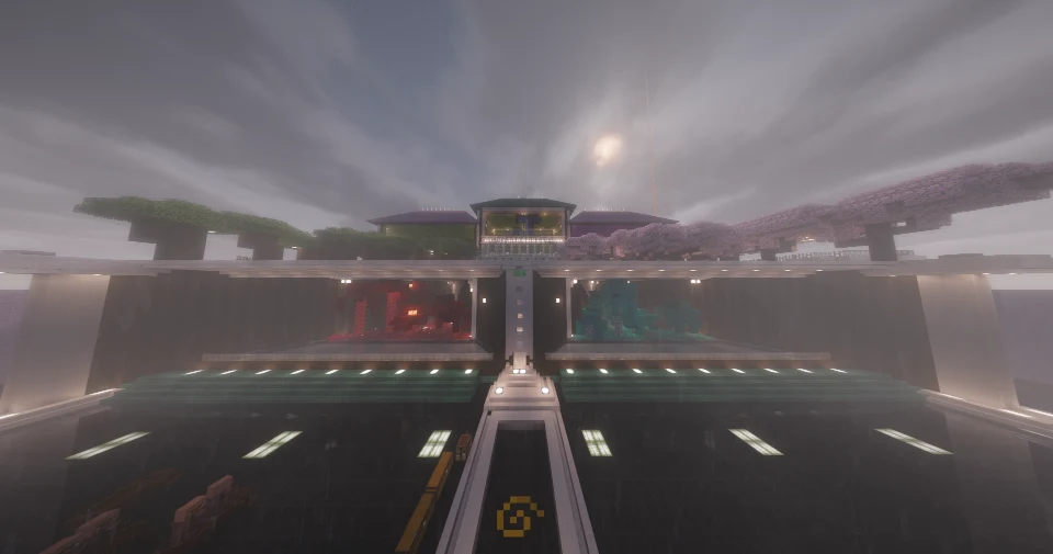 La casa de Jetixl0l: un complejo moderno bajo un puente elevado, con un trozo de Nether y otro del End montados a la vista