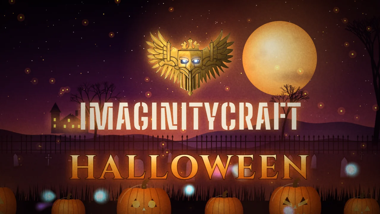 El cartel de Halloween en Imaginitycraft: el escudo dorado, la luna llena y las calabazas