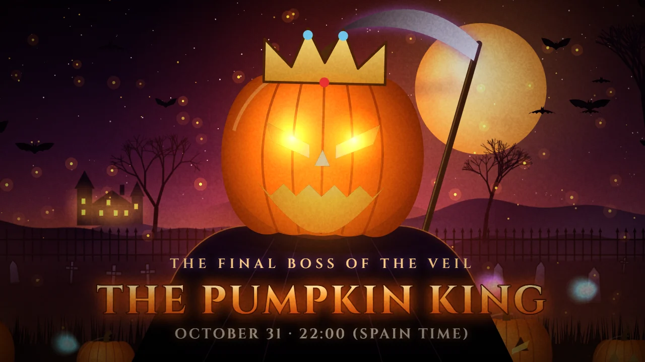 The Pumpkin King: a burning pumpkin with a crown over a black cloak, holding a scythe under the moon
