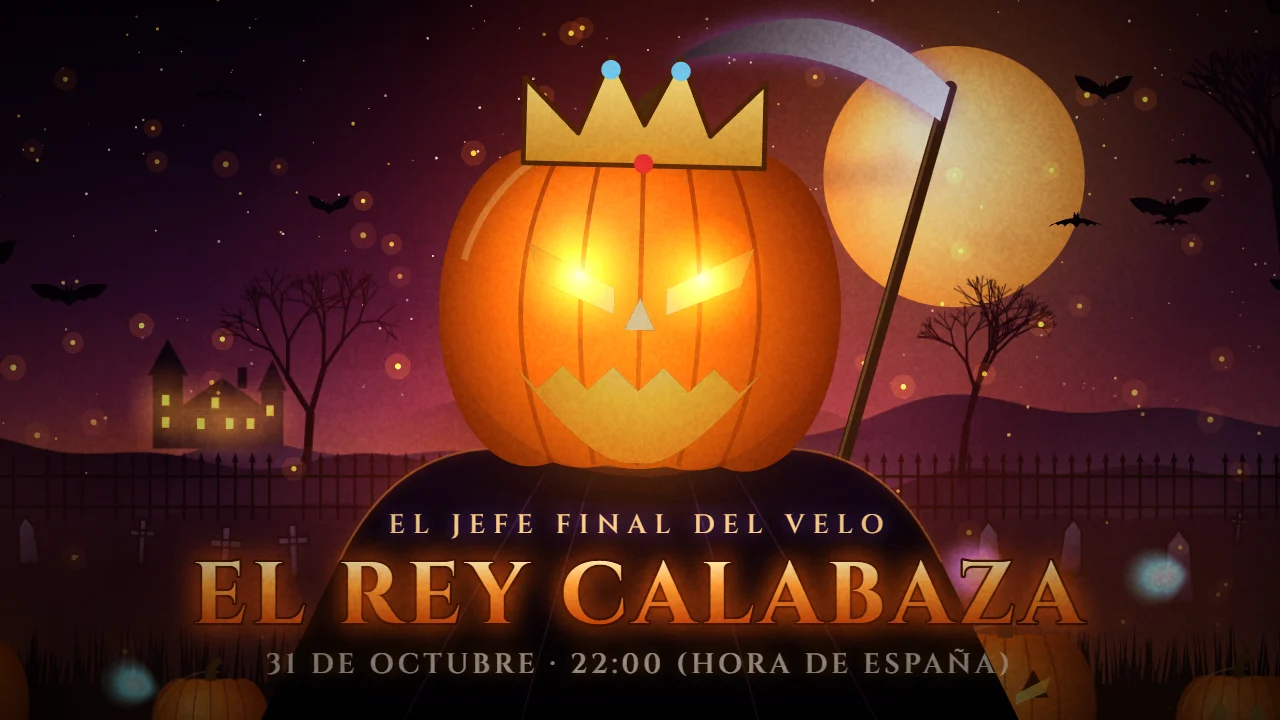 El Rey Calabaza: una calabaza ardiendo con corona sobre una capa negra, con una hoz, bajo la luna