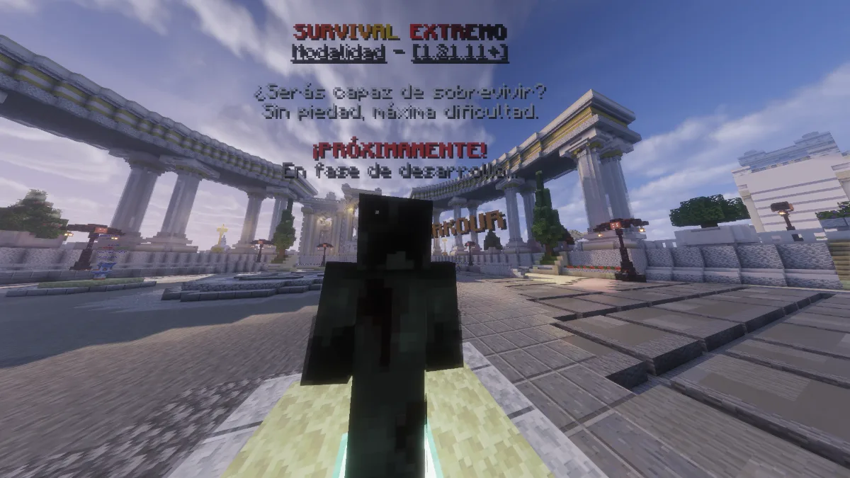 Pantalla de Survival Extremo: un jugador ante unas ruinas, con el aviso de que la modalidad está en desarrollo